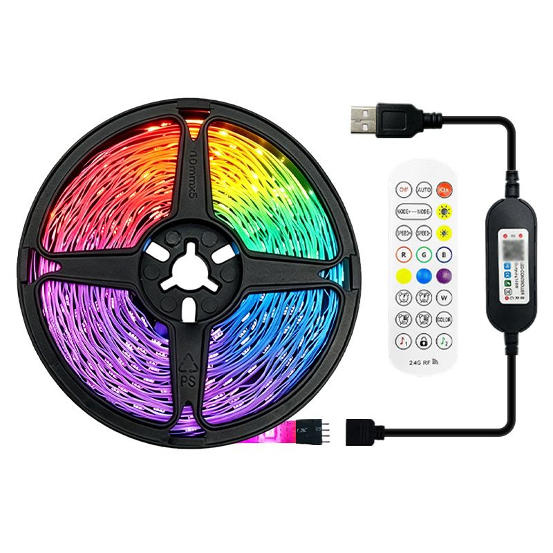 RGB strip reel with USB controller and handheld remote.