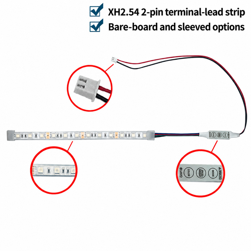 Two-pin connector, RGB strip and three-button control details.