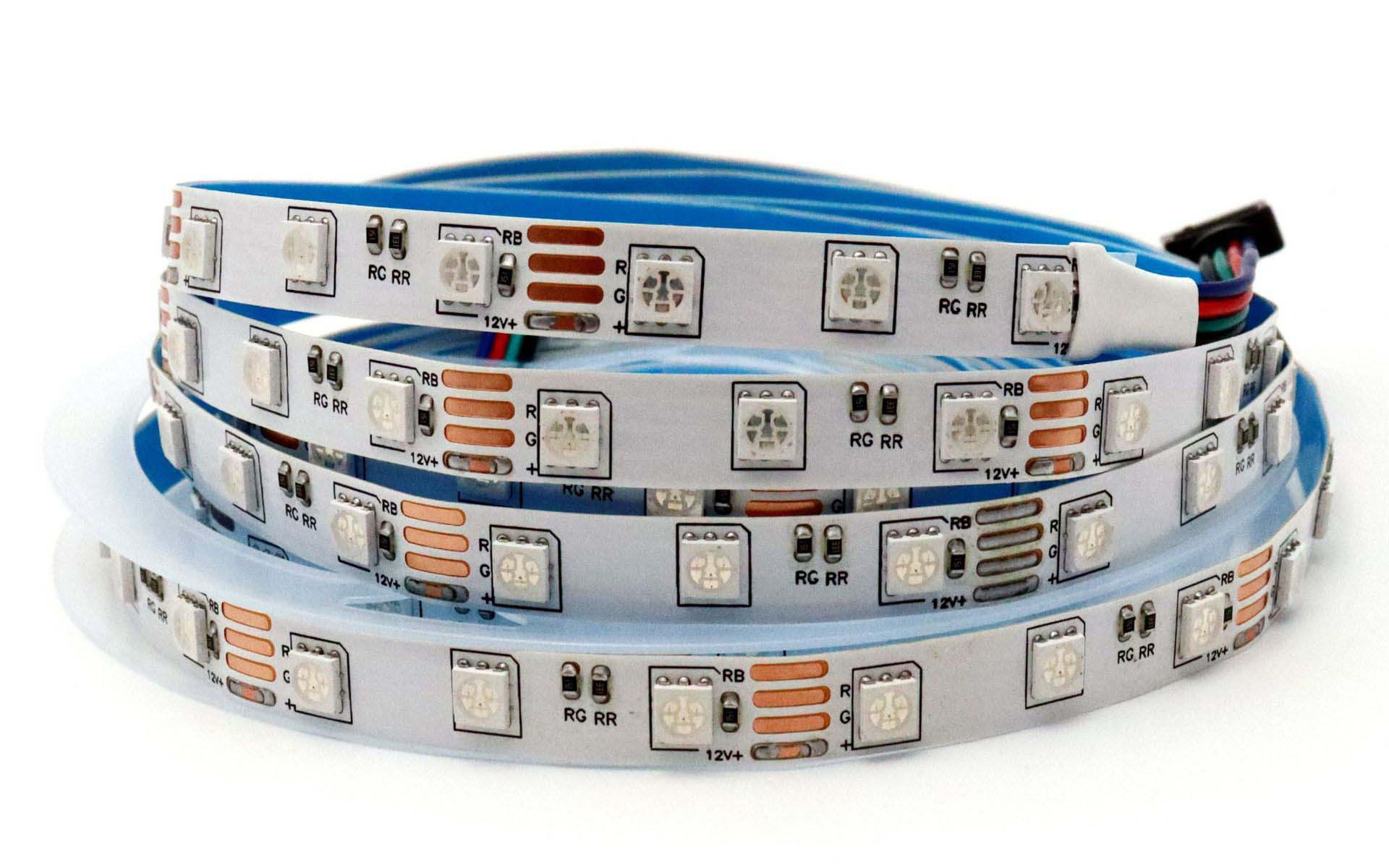 12 V RGB strip coil with four copper connection pads.
