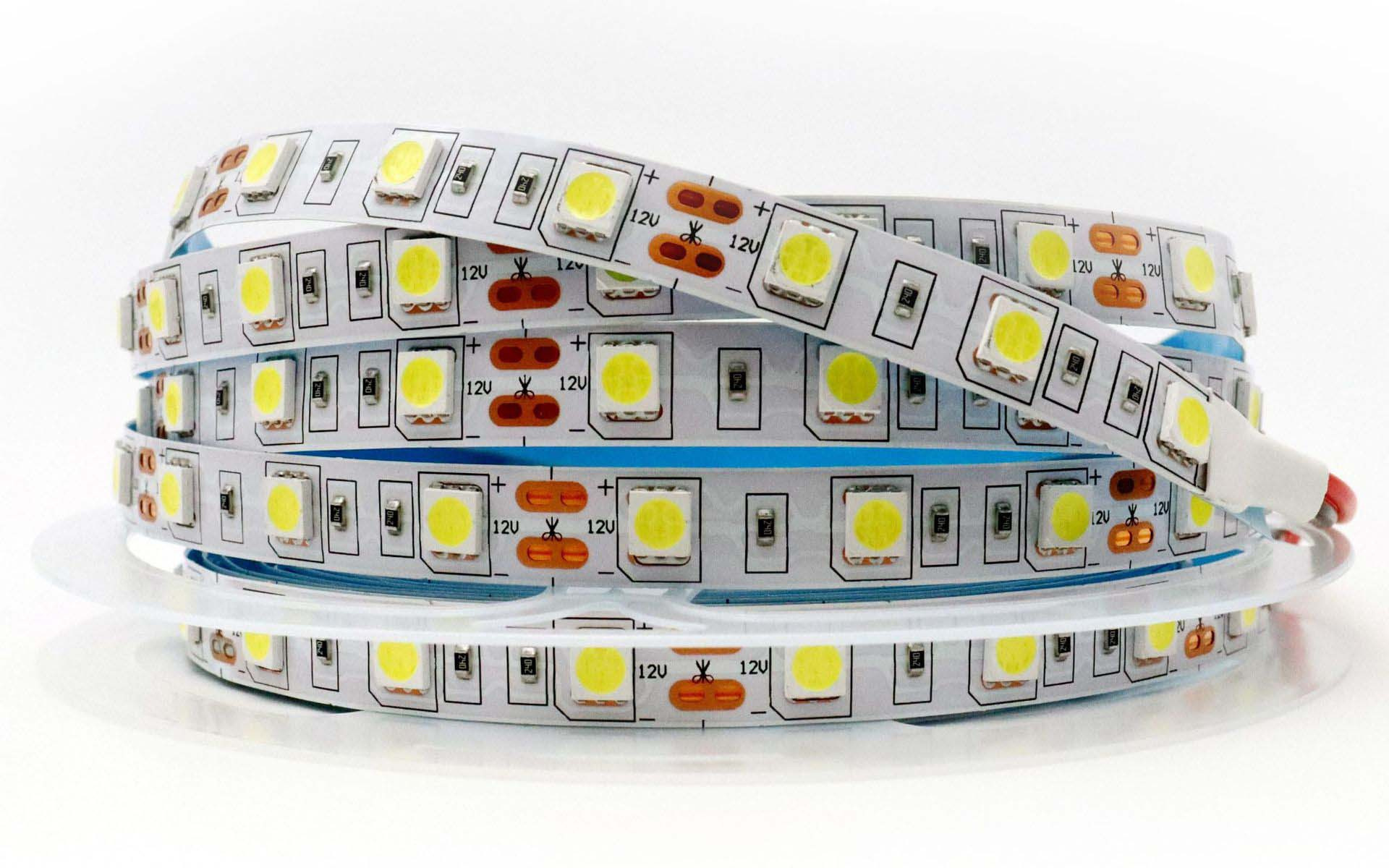 12 V fixed-white strip coil and marked cutting pads.