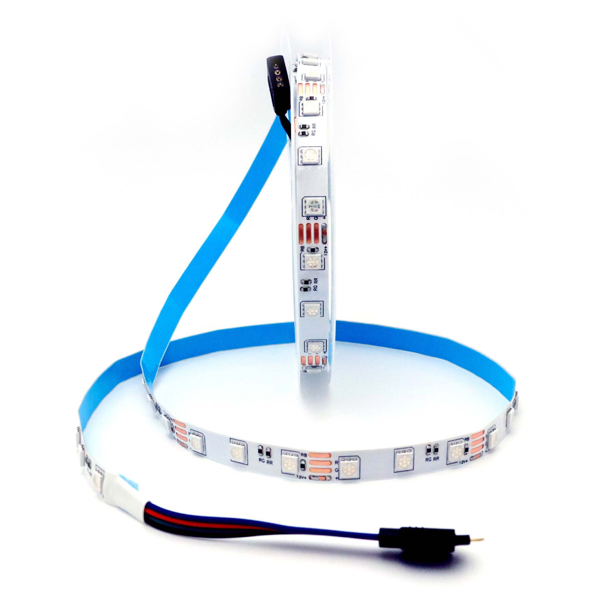 RGB strip with blue adhesive backing and four-pin lead.