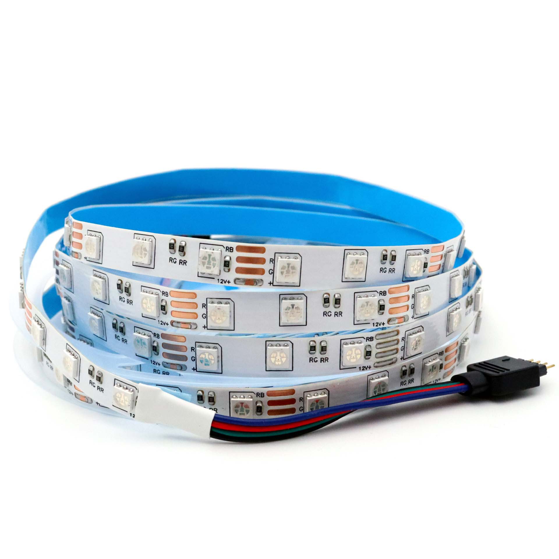 RGB strip coil with four-pin male connector.