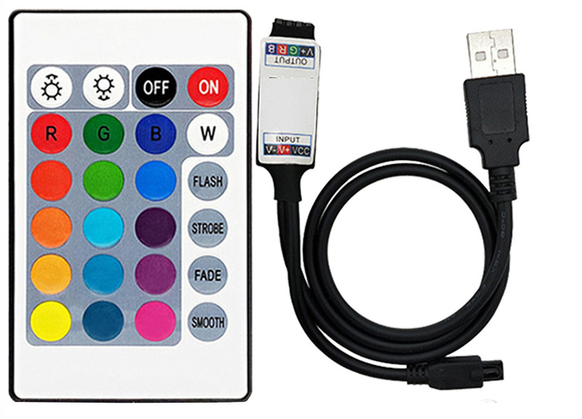 24-key remote and USB-powered inline controller.