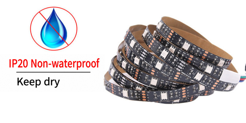 Uncoated black-PCB RGB strip and keep-dry indication.