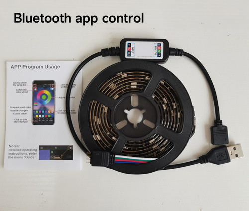 Black-PCB RGB strip with a Bluetooth USB controller.