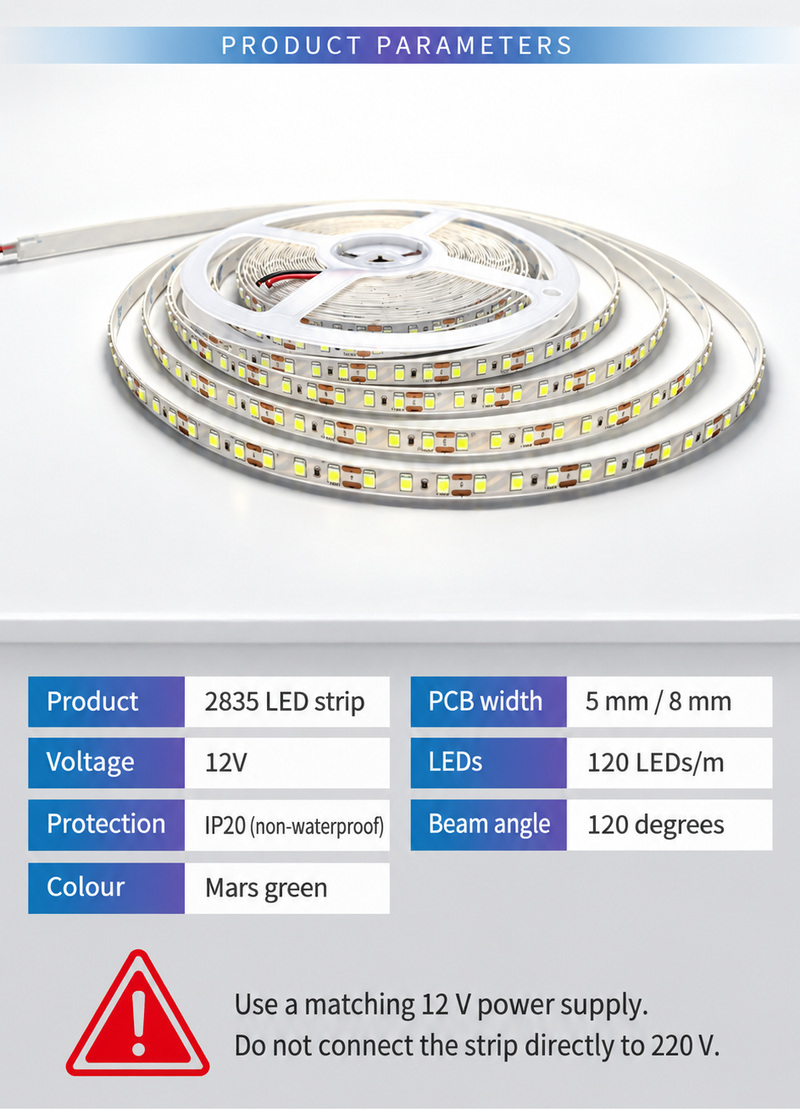 12 V strip specifications and DC supply requirement.