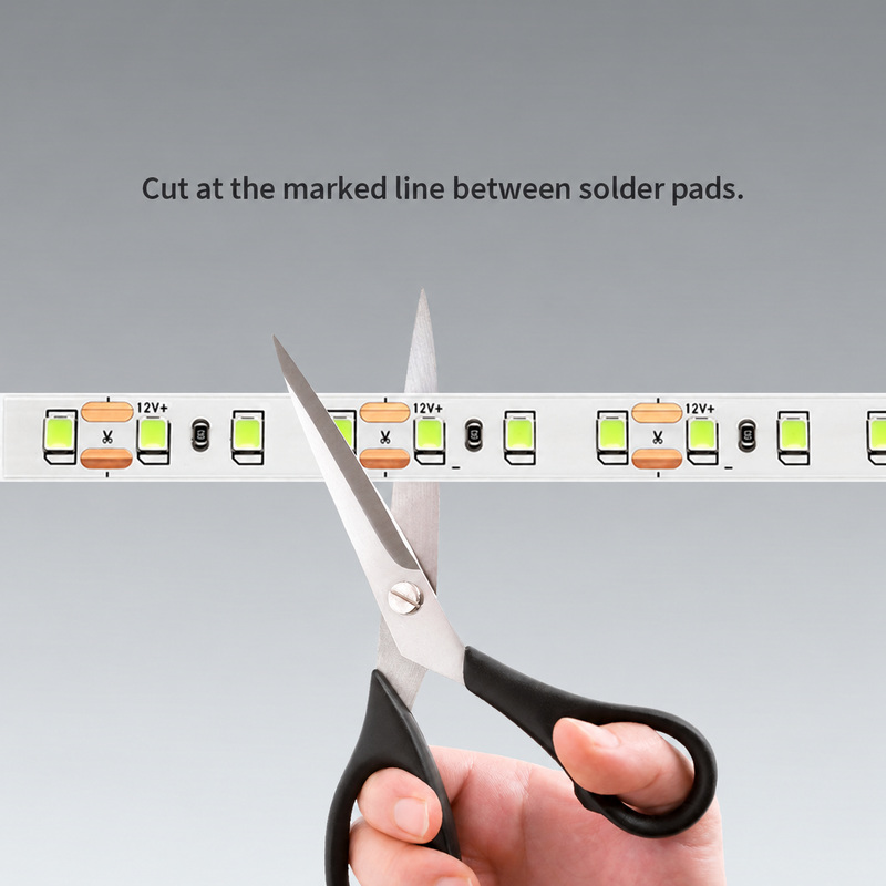 Cutting position between solder pads on the 12 V strip.