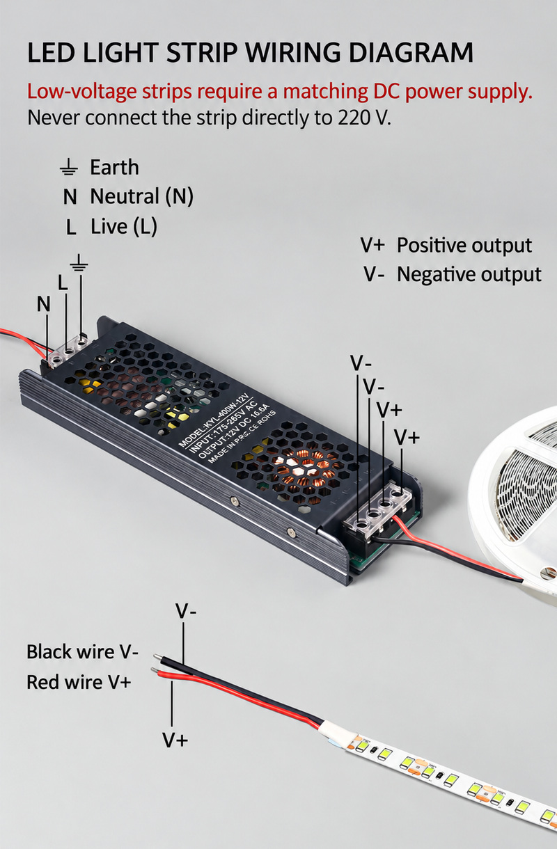 Strip connection to DC supply outputs and wire polarity.