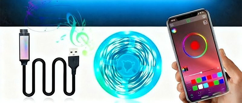 RGB strip reel with USB Bluetooth controller and a phone app.