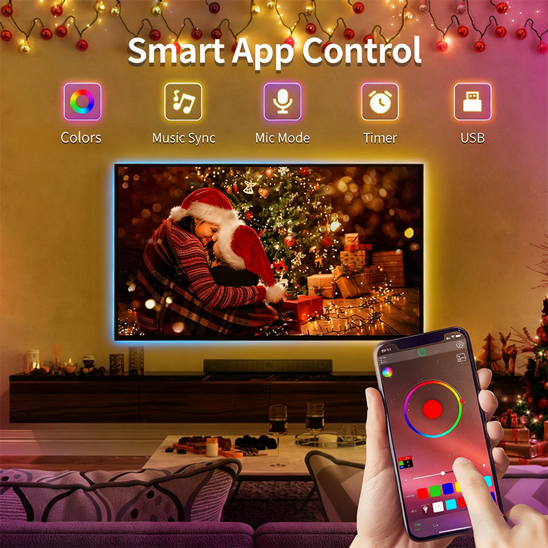 Phone-app color, music, microphone and timer controls.