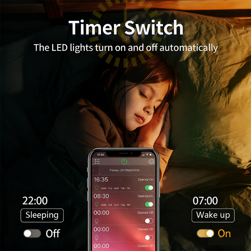 Phone-app scheduling of strip lighting.