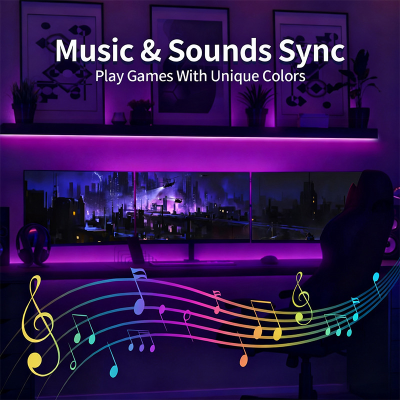Music-controlled RGB lighting around a computer desk.