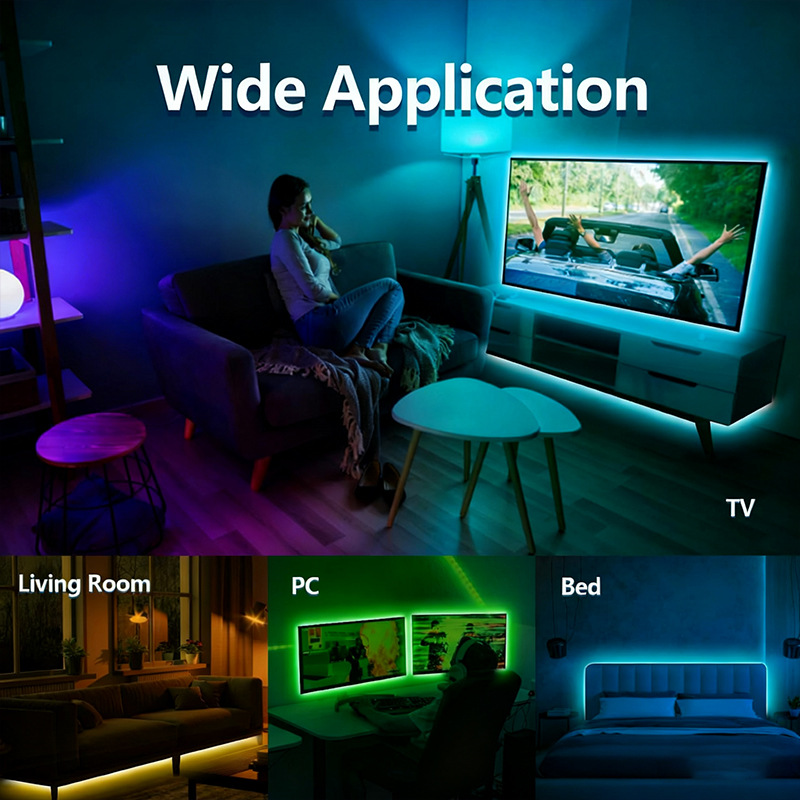 RGB strip lighting in four interior settings.