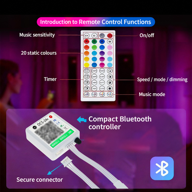 44-key remote functions and compact Bluetooth controller.