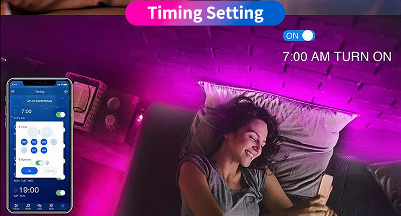 App timing screen and scheduled room lighting.
