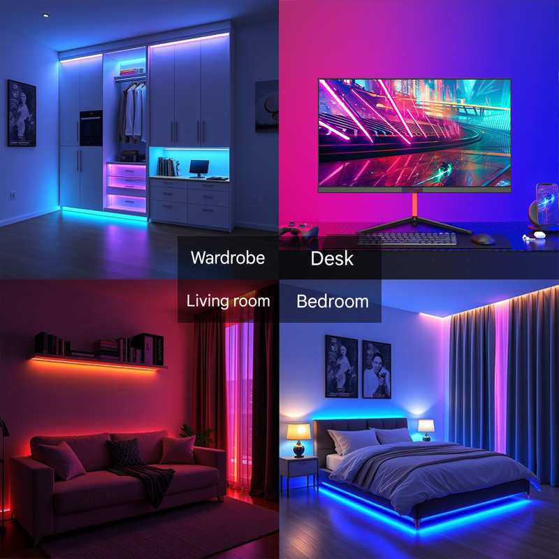 RGB lighting in a wardrobe, desk area, living room and bedroom.