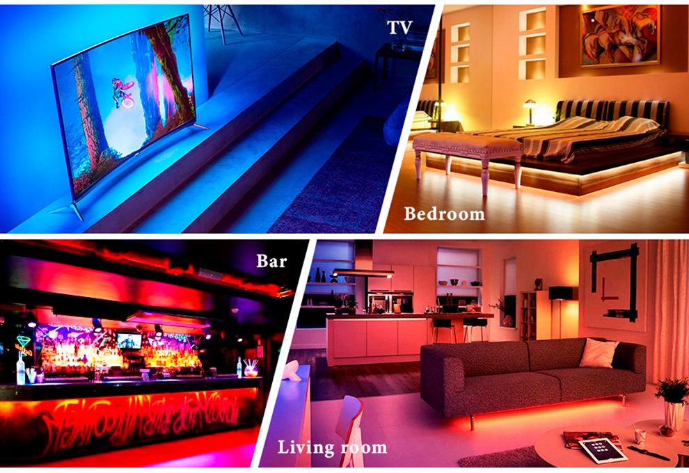 RGB lighting in a study, living room, bar and bedroom.