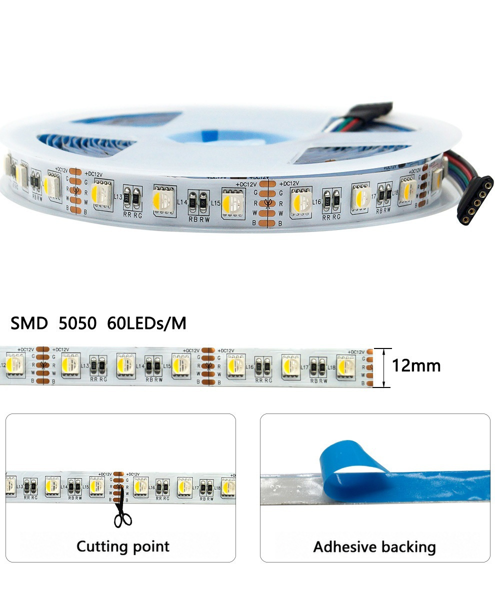 12 V RGBW strip, marked cutting point and adhesive backing.