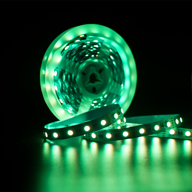 RGBW strip reel emitting green light.