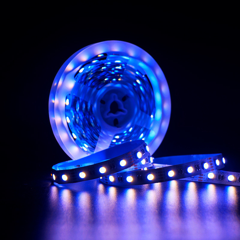 RGBW strip reel emitting blue light.
