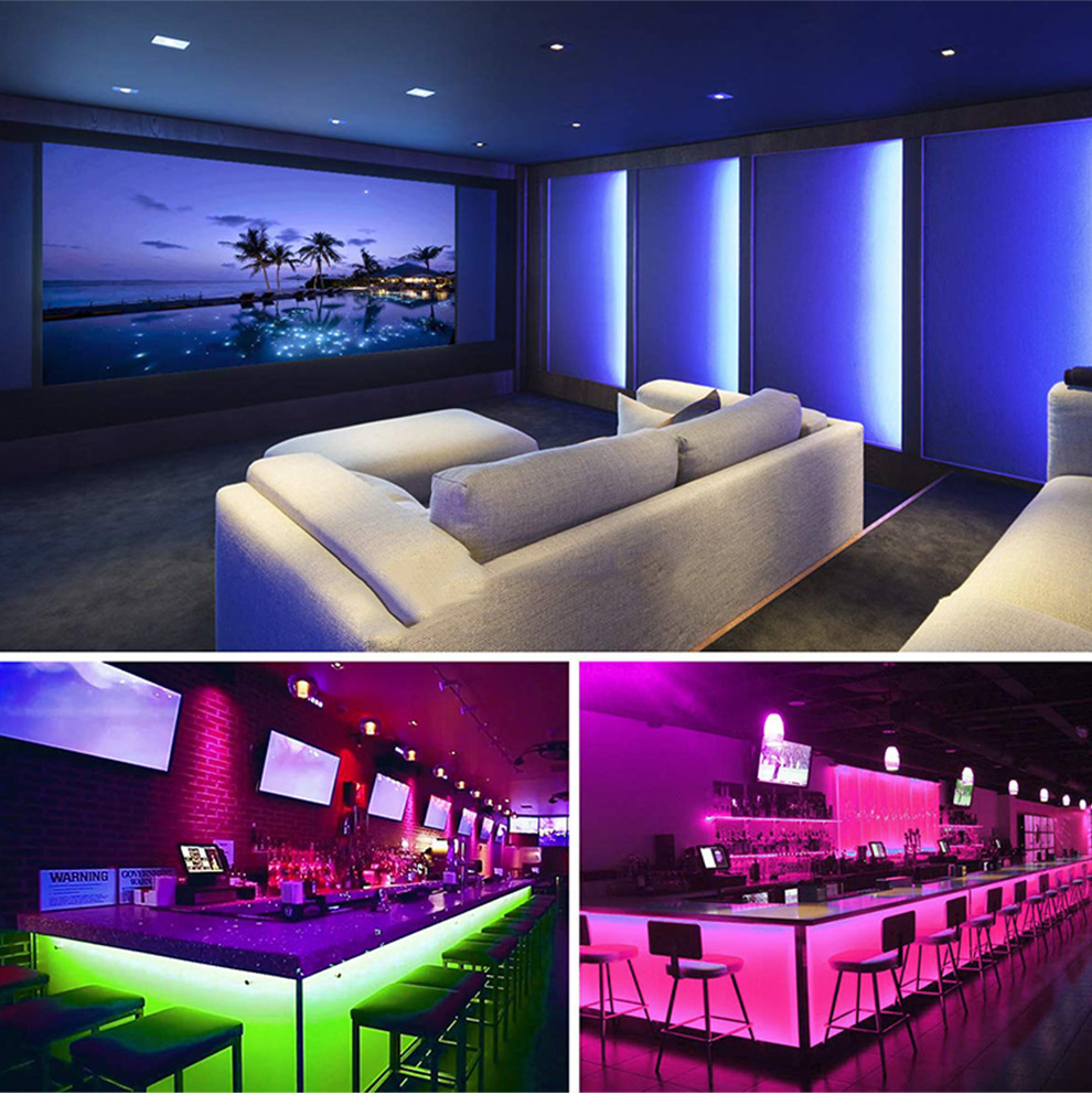 Coloured strip lighting in entertainment interiors.