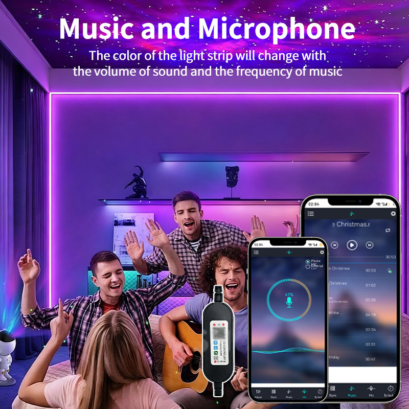 RGB room lighting with music and microphone control screens.
