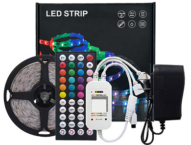 RGB strip kit with a 44-key Bluetooth remote, controller and US-plug supply.
