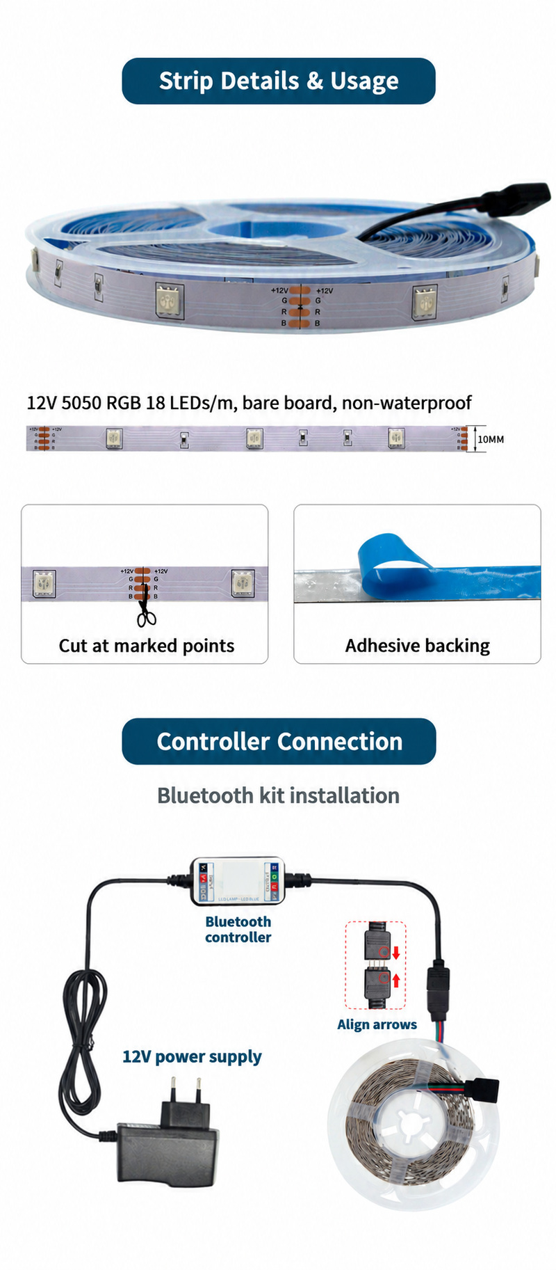 12 V RGB strip details, marked cutting pads, adhesive backing and Bluetooth-controller connections.