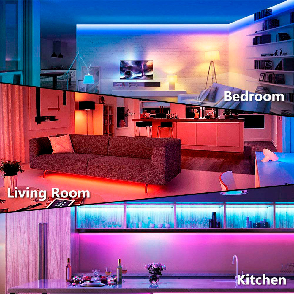 RGB lighting in living spaces and a kitchen.