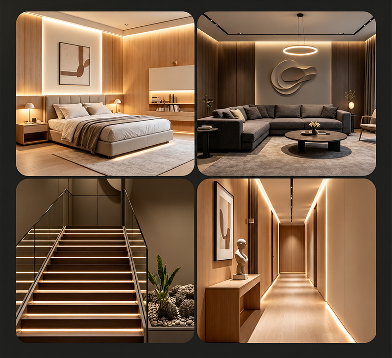 Warm-white strip-lighting applications in rooms, stairs and a corridor.