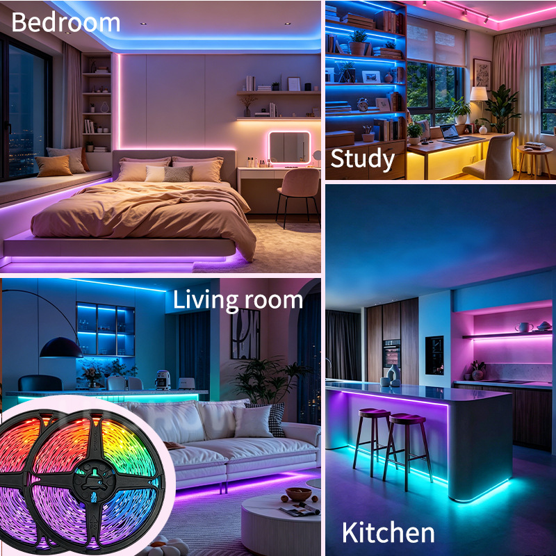 RGB accent lighting in a bedroom, study, living room and kitchen.