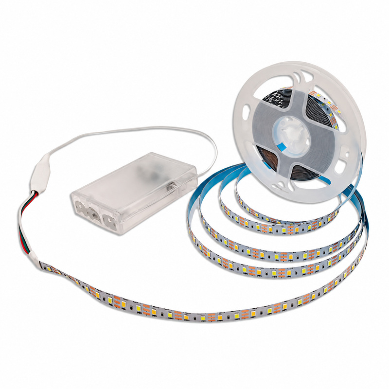 Dual-white LED strip reel with a transparent battery box.