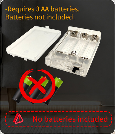 Open three-AA battery box; batteries are not included.