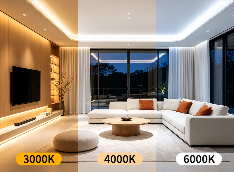 Warm, neutral and cool white cove-lighting appearance.