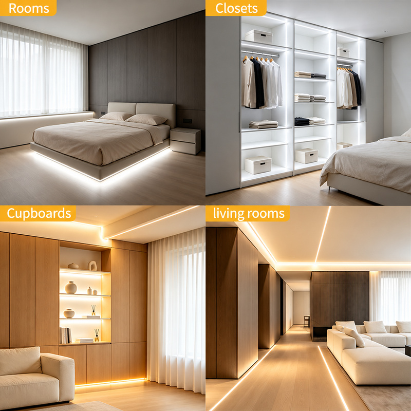 White strip lighting in bedrooms, closets, cupboards and living rooms.