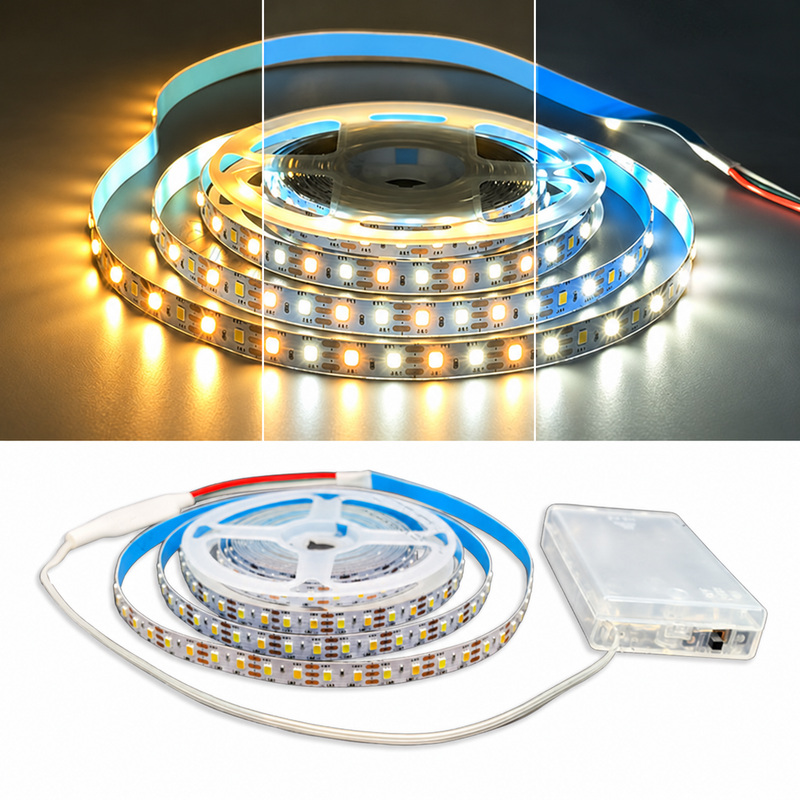 Dual-white strip shown illuminated and with its battery box.