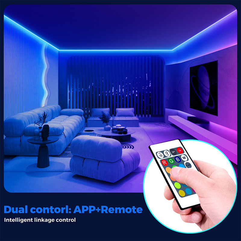 Handheld remote controlling RGB room lighting.