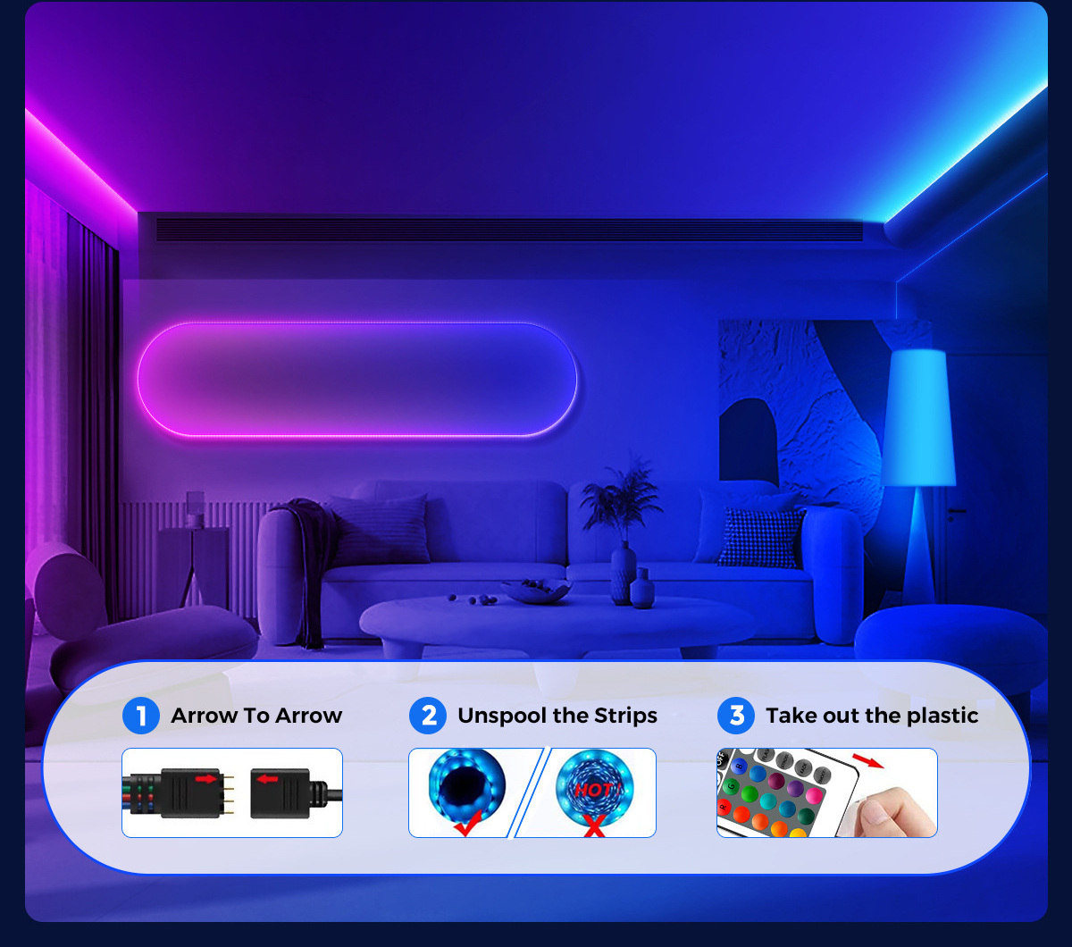 RGB strip connector alignment and assembly steps.