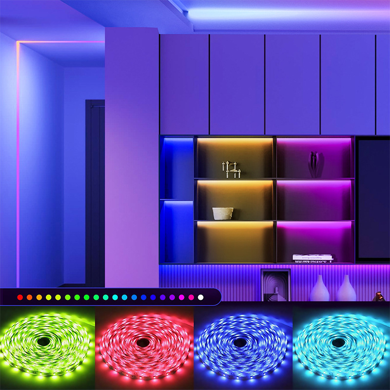 RGB lighting along display shelves.