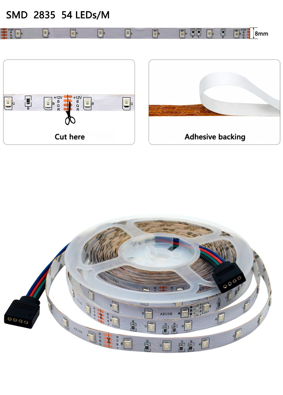12 V strip structure, cutting pads and adhesive backing.