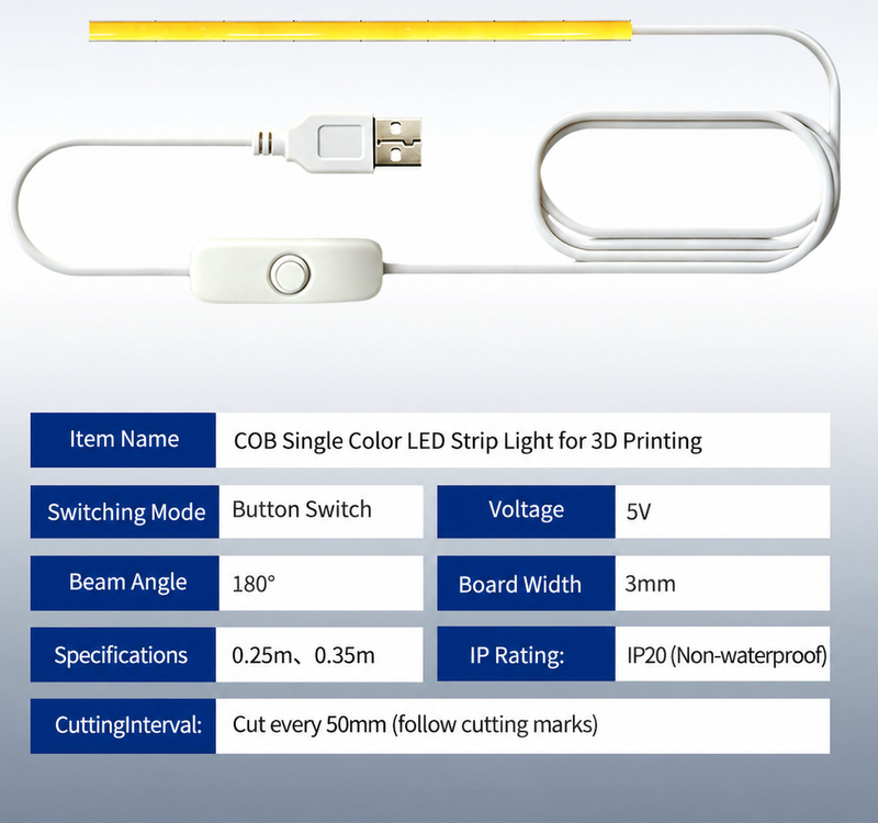 5 V, 3 mm COB strip parameters and USB push-button components.
