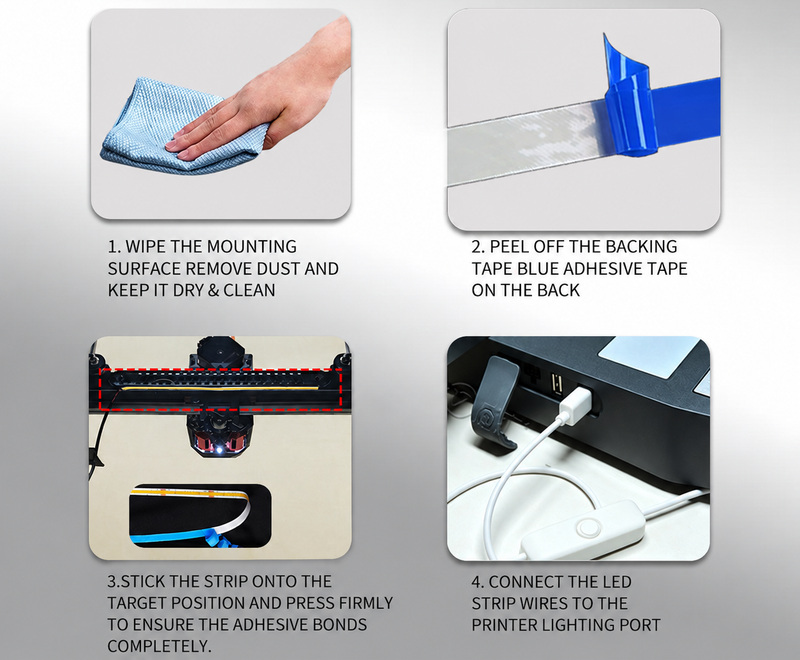 Surface cleaning, backing removal, strip placement and USB connection.