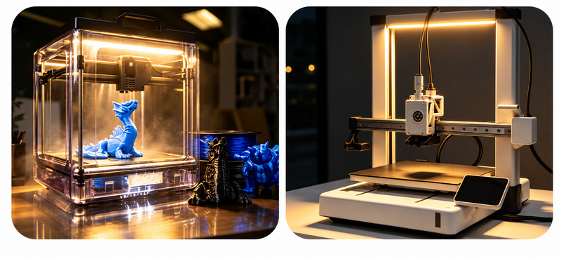 Warm-white lighting around two printer work areas.