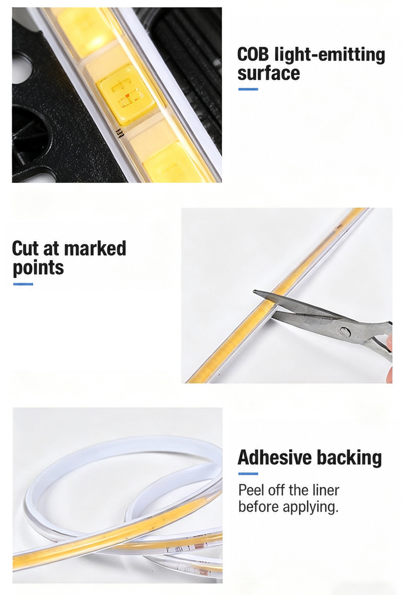 COB emitting surface, marked cutting location and adhesive backing.