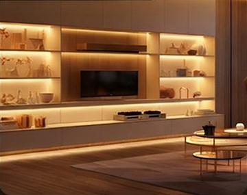 Warm indirect lighting around a living-room display unit.