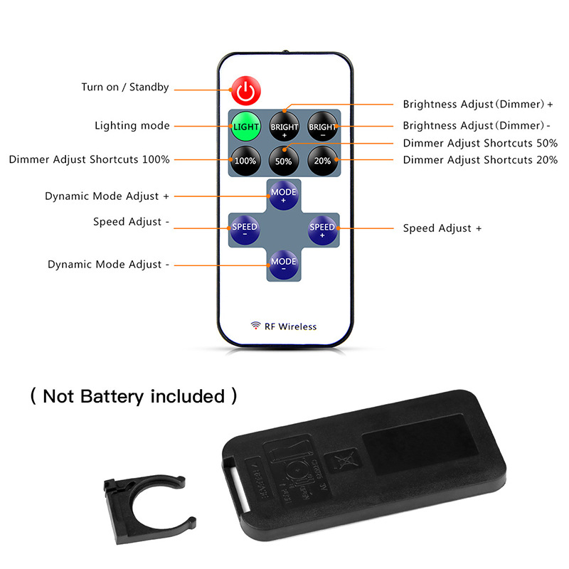 Eleven-key RF remote functions and battery tray.