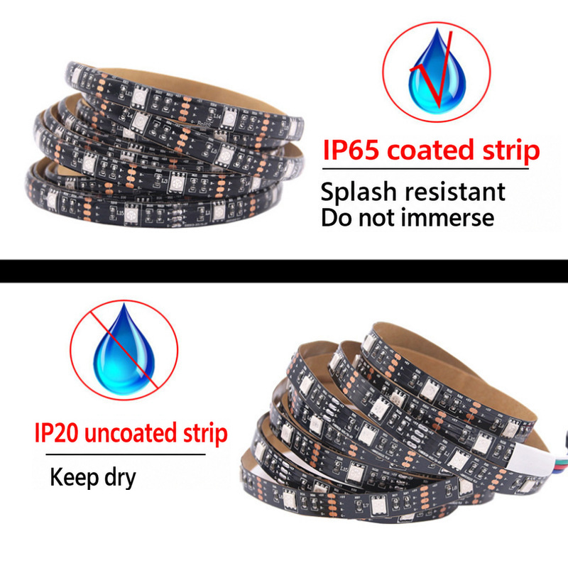 Coated and uncoated RGB strip examples with moisture precautions.