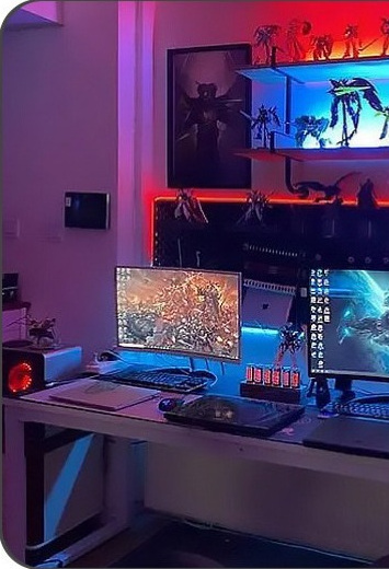 RGB accent lighting around a computer desk and display shelves.