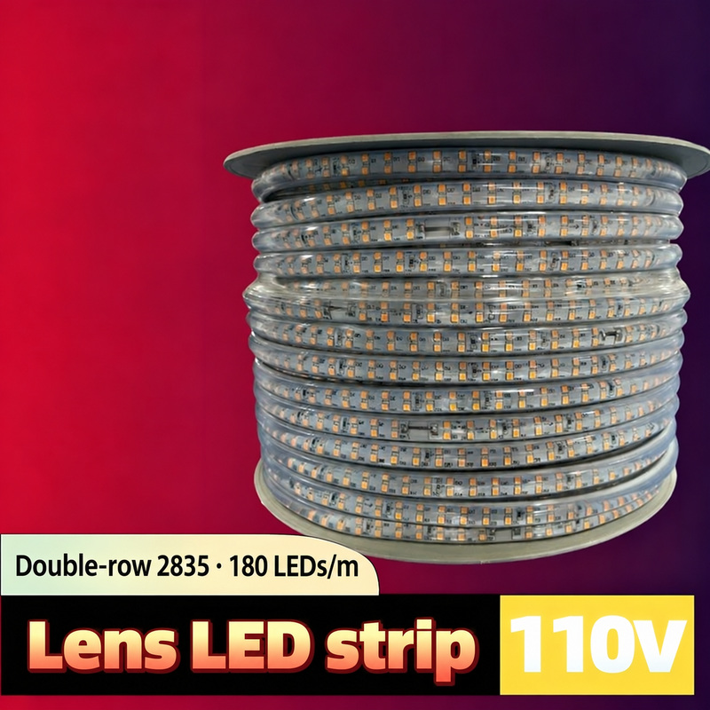 Lens strip reel with 110 V and 180 LEDs per meter information.