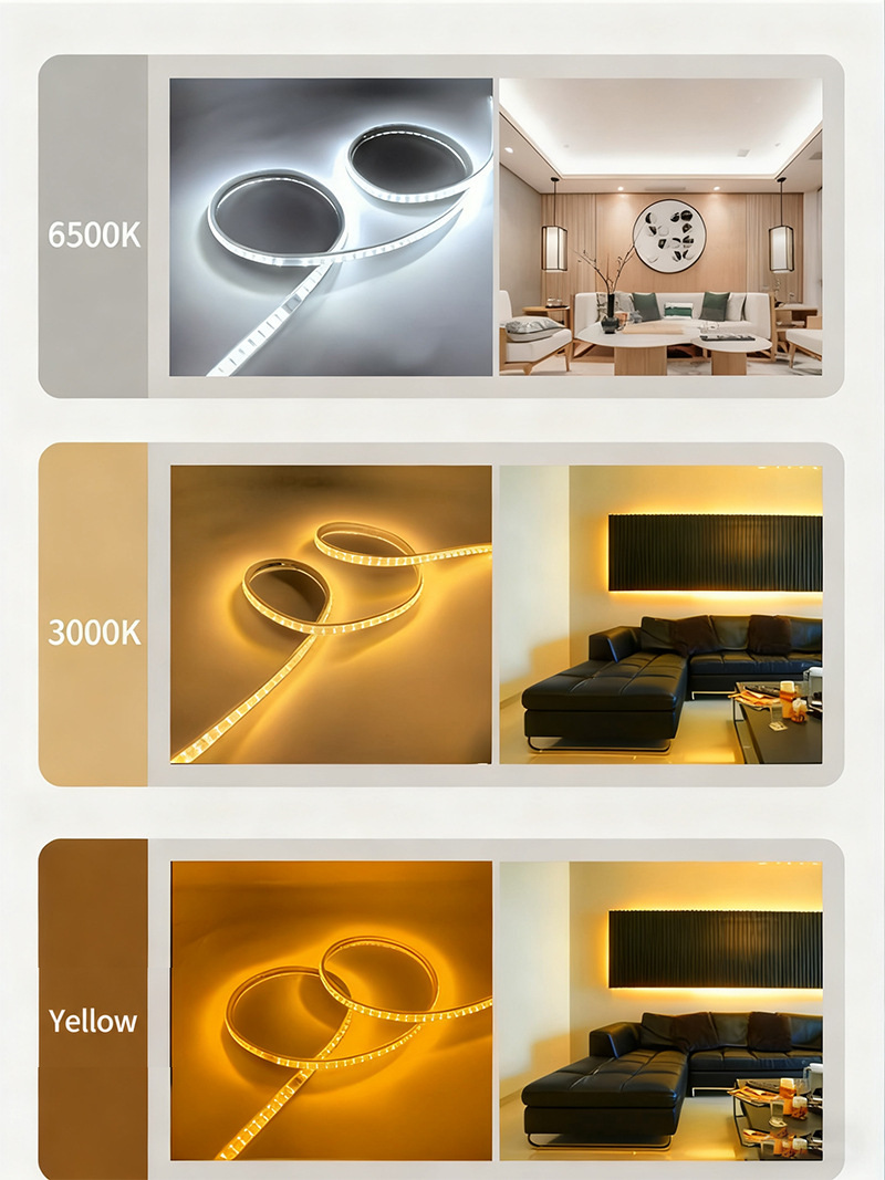 White, warm-white and yellow strip-lighting examples.